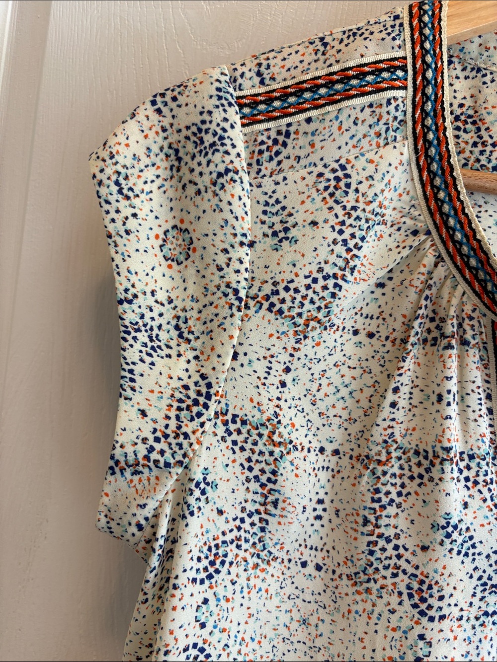 Daniel Rainn Cream Dot-Print Tassel V-Neck Tunic with Navy & Rust Trim - Picture 7 of 13